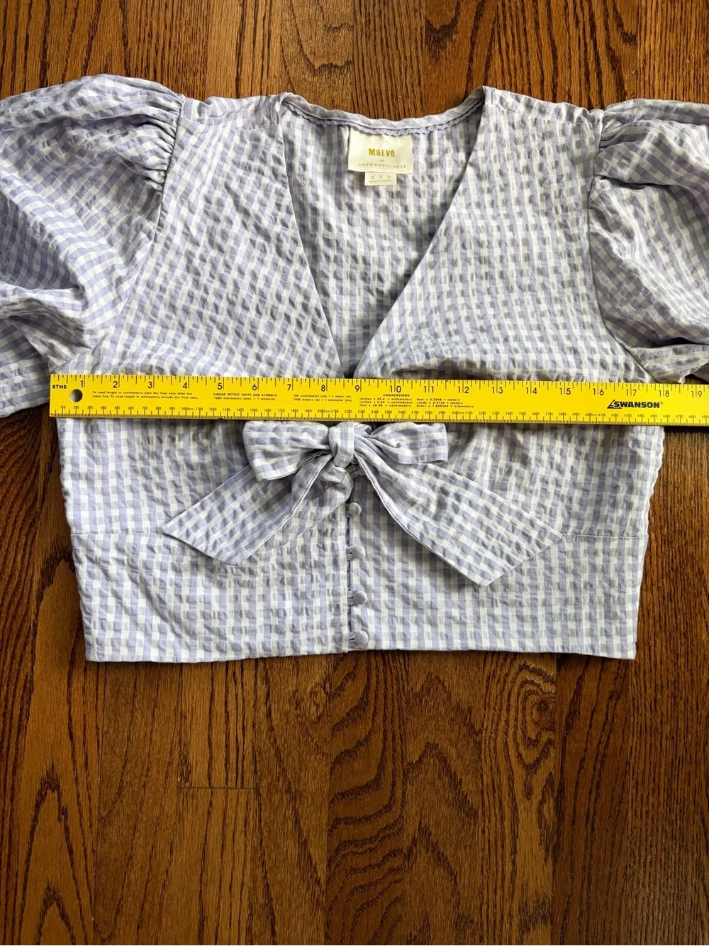 Maeve Anthropologie Cropped Gingham Bow Blouse Lavender Sz 14 Cottage Coastal